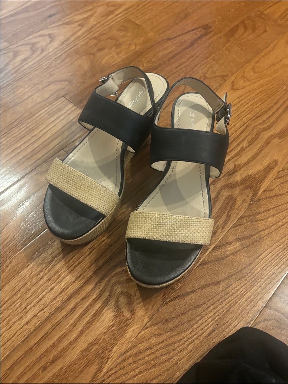 Calvin Klein Black and Natural Platform Wedge Sandals